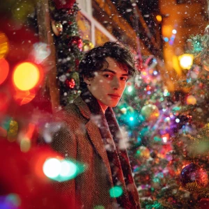 A young man dressed in 80s fashion, looking in the camera  in fr...
