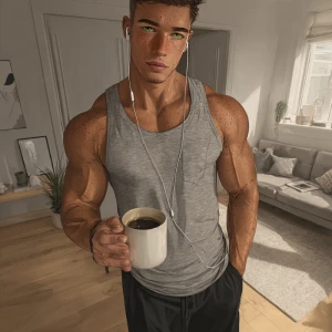 Ultra-realistic mirror selfie of the same young man (light brown...