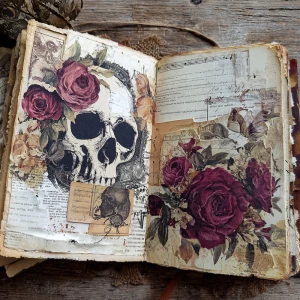 Create a highly detailed vintage gothic junk journal double-page...