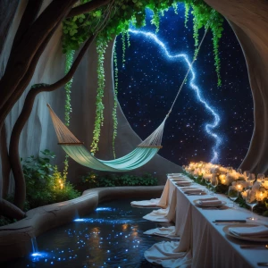 1. Tree-Cradled Hammock Alcove: In a secluded indoor alcove, a m...