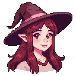 Retrato hasta los hombros de una bruja joven en estilo pixel art...