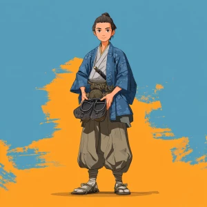 2D Disney style cartoon, clean digital art, young Hideyoshi with...