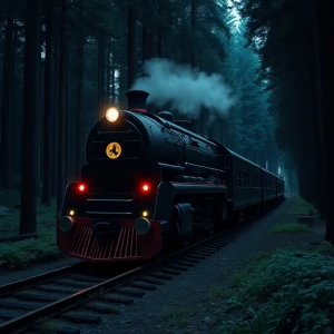 Futuristic black train in the dark forest