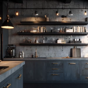 Create a realistic industrial kitchen setting featuring charcoal...