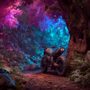Create an image of an enchanted cyberpunk neon forest with a sci...