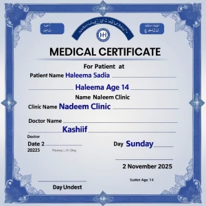 Generate a pic of medical certificate for a patient name Haleema...