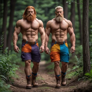 Generate an image of two rugged, muscular men with shirtless hai...