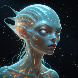 A luminescent alien glows ominously in a silent still, its ether...