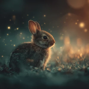 A tiny baby rabbit sitting in soft grass at night, illuminated b...