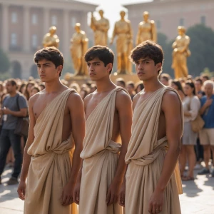Three young men, dressed in simple, light beige one shoulder tog...