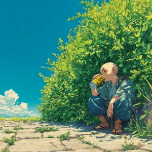 Landscape shot of A japanese boy with shaved head , enjoying can...