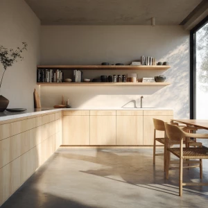 Generate an ultra-HD photograph of a minimalist kitchen designed...