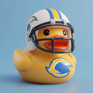 A 3d image of a rubber duck wearing a football helmet and with t...