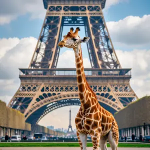 Giraffe standing in front of Eiffel Tower