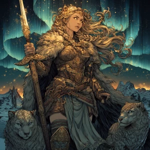 Full-body portrait of Freyja, Norse goddess of love, war, and ma...