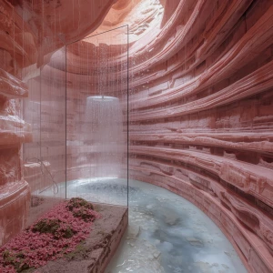 Stroll through a shower in a halite canyon: imagine a pathway cu...