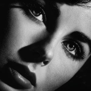 Ultra realistic big close-up portrait of Elizabeth Taylor, black...