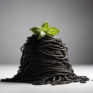 A bundle of black spaghetti vertical in the image with a white b...