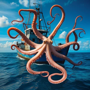 An octopus spreading tentacles over a fishing boat in a blue oce...