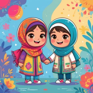 «Two little cartoon girls wearing hijab, one Iranian and one Leb...