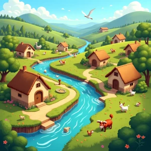 A beautiful 2D moral story village, rendered in a charming carto...