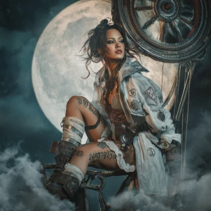 Pirate woman navigator on a chrome airship, compass shaped like...