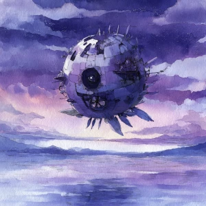 Scifi sphere drone floating upside down above a violet sea, buil...