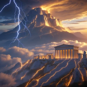 A majestic 3D-rendered cinematic view of Mount Olympus rising ab...
