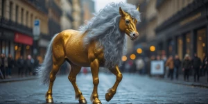 A majestic centaur with shimmering golden hooves and a mane of f...