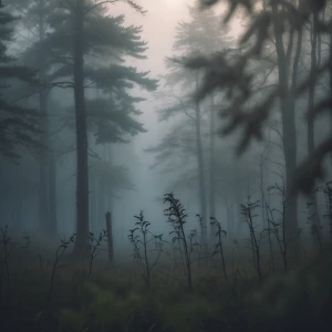 Foggy forest morning, soft lens blur