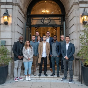 10 employees posing for a picture at the entrance of a company.
