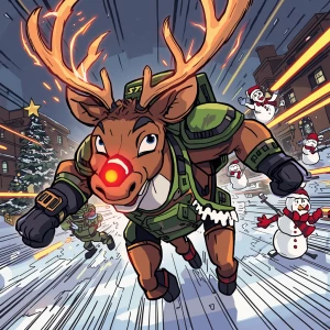 GTA-style cartoon Rudolph the reindeer with glowing red cyber no...