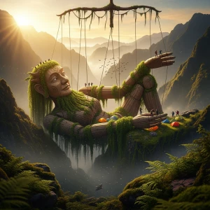 A colossal wooden marionette, a forgotten god of the mountains,...