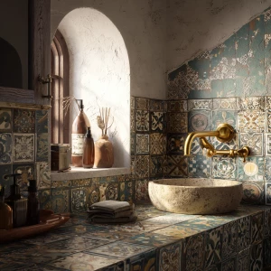 Generate a detailed image of a small Mediterranean bathroom feat...