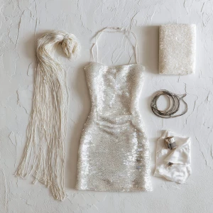 Create a minimalist flat lay composition featuring a striking iv...