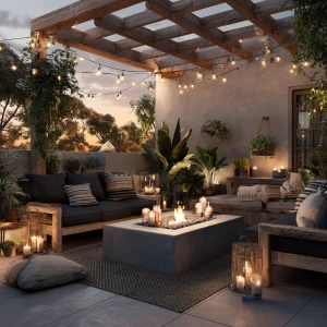 Create an outdoor living space featuring cozy sofas, a fire pit,...