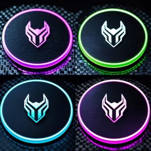 Four futuristic coasters on black carbon surface, glowing neon e...