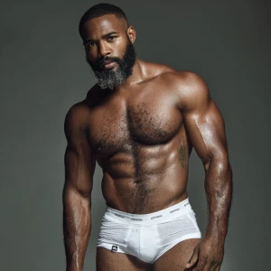 Generate an image of a confident, white muscular black-gray man...