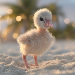 A newborn baby flamingo chick named Flan, soft pale-gray down wi...