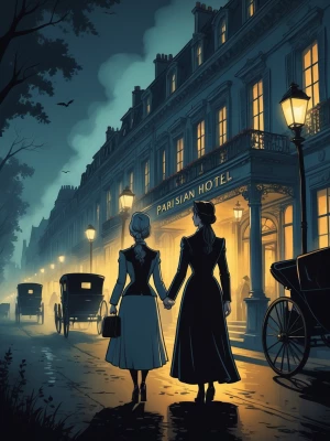 Cartoon cinematic horror illustration, a young Victorian-era wom...