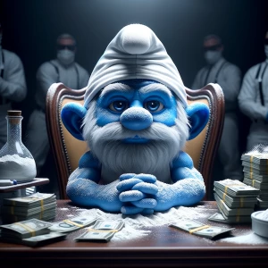 fan art of T-800 Smurf  setting behind a desk with white powder...