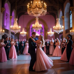 "Aurora and Phillip dancing in castle hall, chandeliers glowing,...