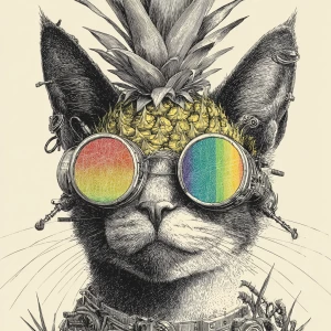 A steam punk sketch of a cat mixed with a pineapple. Sunglasses,...