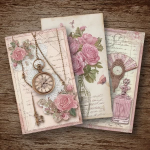 Victorian Mauve Rose Ephemera – 4 Cards (Antique Roses & Keepsak...