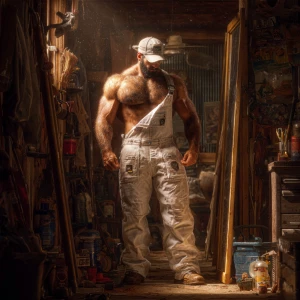Generate an image of a muscular and hairy handyman without a shi...