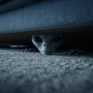 A Grey alien emerging from under the bed