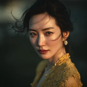 a stunningly beautiful Korean woman, elegant and alluring, weari...