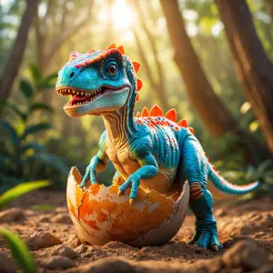 Generate an image of a baby dinosaur hatching from its egg, with...