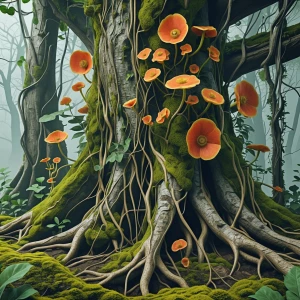 Realistic huge living breathing bio organism with organic flower...