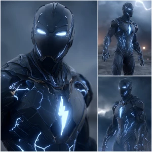 A futuristic armored superhero in a full-body black suit with gl...